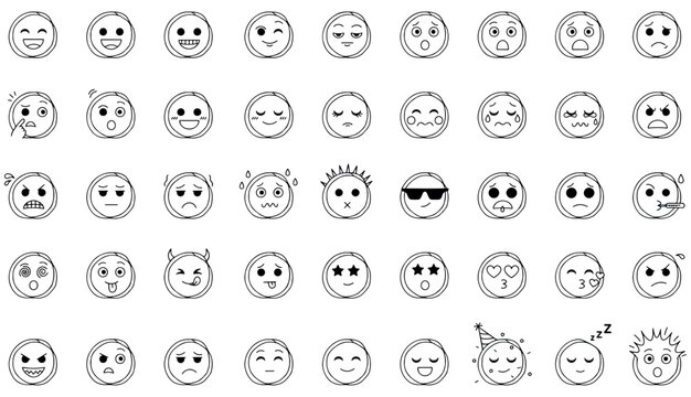 Doodle Emoji face icon set. Hand drawn sketch style. Emoji with different emotion mood, happy, sad, smile face. Comic line art vector illustration