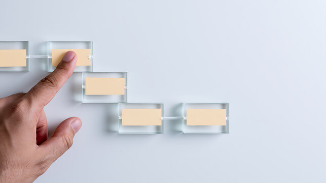 Business process management concept with hand touching glass block flowchart on white background representing workflow step and system structure