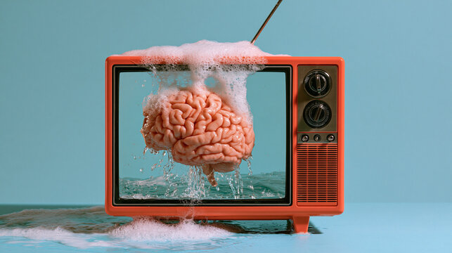 Retro-Fernseher mit rosafarbenem Gehirn im spritzenden Wasser, blauer Hintergrund, Symbolbild f&uuml;r Medienbeeinflussung und Denken.