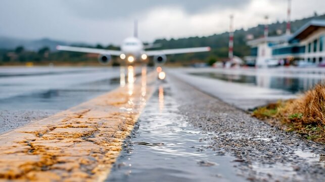 An airplane gracefully landing on a rainy runway, highlighting the impact of weather on travel and the importance of aviation in modern life against a backdrop of dramatic clouds.