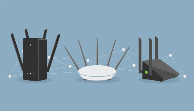 Three modern wireless internet routers with antennas connected together in a network mesh system pattern.