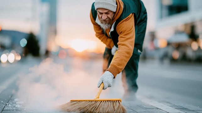An elderly man diligently sweeps the sidewalk engulfed in warm sunlight, embodying dedication and the beauty of everyday tasks amidst a winter backdrop.