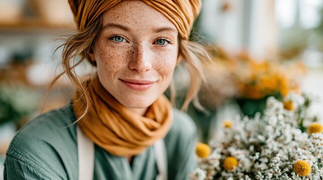 A vibrant portrait of a woman adorned with freckles and a floral arrangement, capturing the essence of natural beauty and self-assurance in a charming setting.