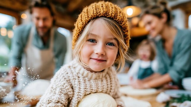 A cheerful child eagerly participates in baking with family in a warm, inviting kitchen, highlighting the joy of togetherness and the sweetness of childhood memories.