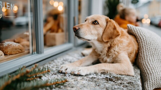 A golden Labrador lies patiently by a bakery window, gazing longingly at fresh bread, symbolizing loyalty and the simple joys in life amidst urban hustle and bustle.