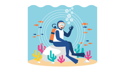 Fototapeta premium Scuba diver sits on an underwater rock showing the okay hand sign, surrounded by a vibrant coral reef and colorful fish.