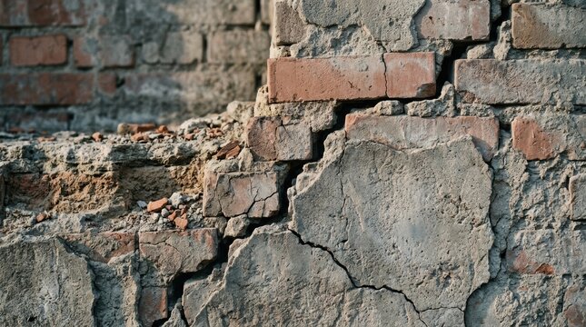 Macro view of structural subsidence with deep cracks in a crumbling brick and concrete foundation.