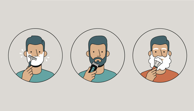Three-step guide shows a man using shaving cream, an electric trimmer, and a classic razor for the perfect beard trim.