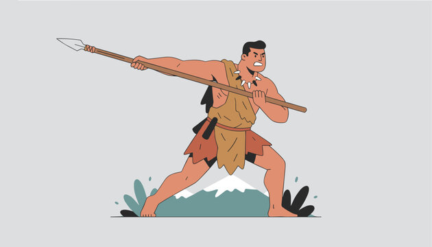 Prehistoric hunter in primitive clothing raises his spear ready to throw with snowy mountains in the background.