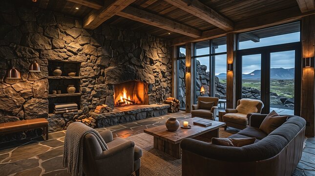 Cozy luxury mountain lodge living room with stone fireplace and scenic view