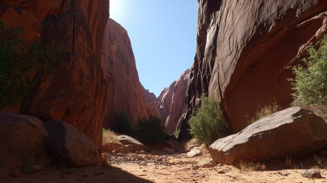 Jagged canyons carved by flash floods reveal ancient geological layers under a clear blue sky