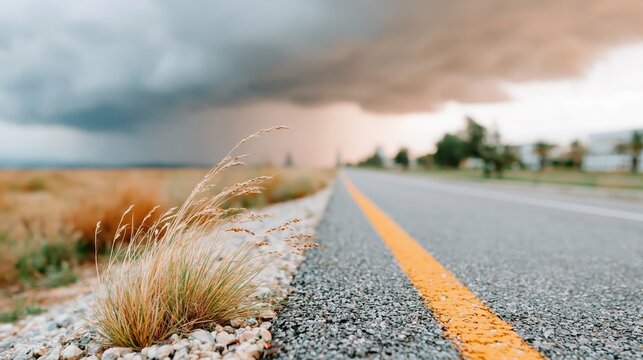A scenic view of a quiet road lined with grass leads to dark storm clouds, creating a dramatic contrast between the serene environment and impending weather.