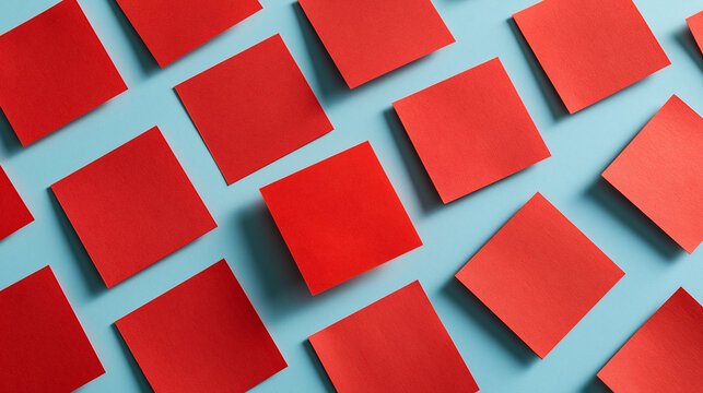 Rote quadratische Papierformen in gleichm&auml;&szlig;igem Muster auf blauem Hintergrund, minimalistisches Design f&uuml;r Werbung und Hintergrundgestaltung.