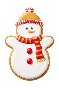 Snowman shaped christmas cookie isolated on transparent background