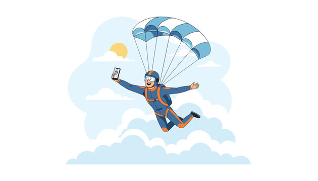 Happy skydiver taking a selfie with his smartphone while floating in the sky with a blue and white striped parachute.