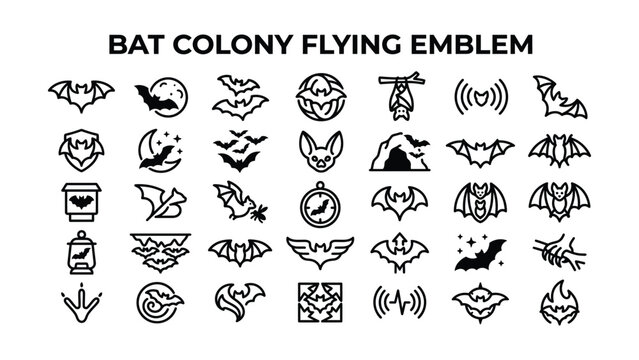 Creative bat colony flying emblem icons set with transparent background
