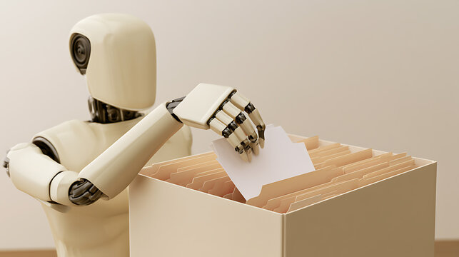 A modern humanoid robot organize physical paper document in archive box office desk. Artificial intelligence automation data manage concept