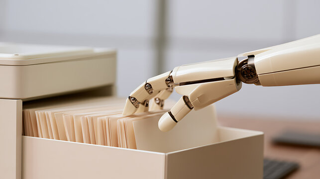 Robot hand pull file index card from metal cabinet drawer in office setting modern technology automation business data management system