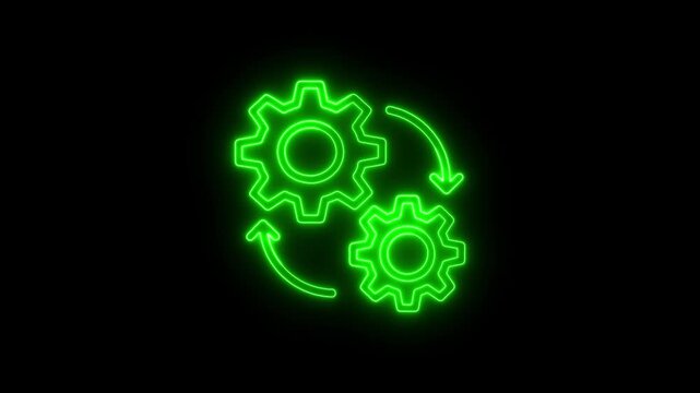 Glowing green neon icon of rotating gears representing process automation and mechanical engineering efficiency
