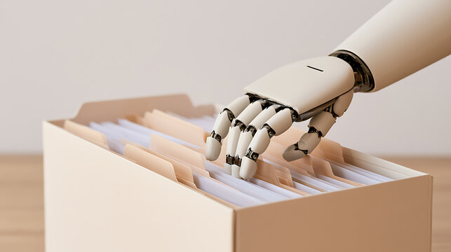 Robot hand sort paper document file inside archive box office data administration digital automation future technology work concept industry