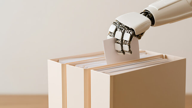 A robotic hand manages paper documents in file folders, symbolizing artificial intelligence automation, office administration, and modern work