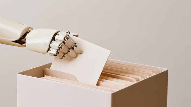 A robotic hand organize file folder in a storage box, representing automation, data management, and futuristic office workflow concept