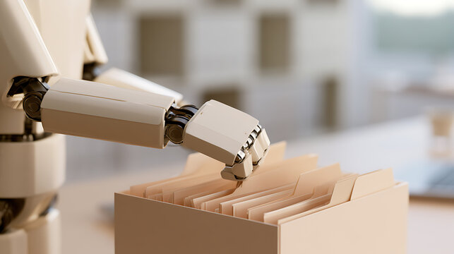 A mechanical robot hand organizes files inside a beige office box, representing automation, data management, and futuristic workplace tech