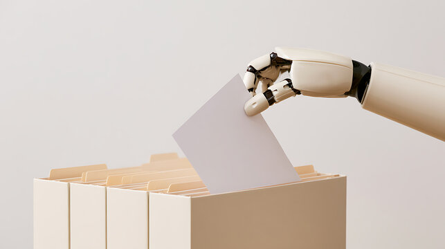 Robot hand insert paper document into file folder archive system, concept of automated data management, futuristic office technology theme