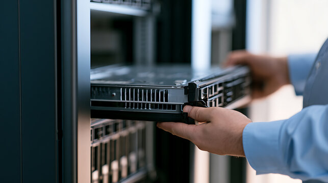 IT professional technician hand install and mount hardware server blade rack in modern data center computer network infrastructure room system