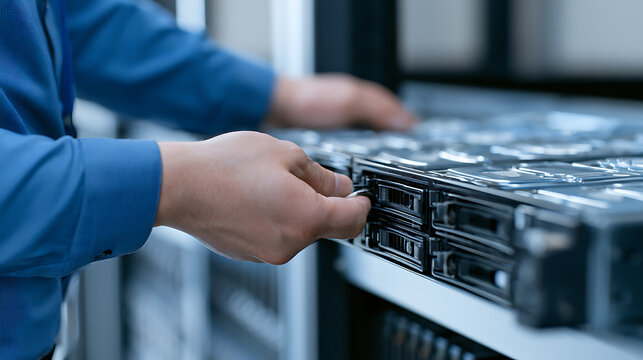 IT technician hand insert server blade into rack cabinet inside modern datacenter network room for hardware maintenance and computer repair