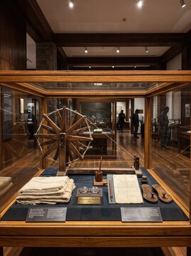 Wooden Charkha Spinning Wheel on Display inside Modern Historical Museum Showcase