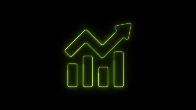 Glowing neon green bar chart icon with an upward trend arrow on black background