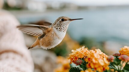 Fototapeta premium A delicate hummingbird hovers mid-air next to vibrant flowers, capturing the beauty of nature and the intricate relationship between wildlife and their environment.