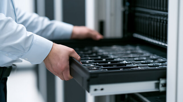 IT technician open server rack drawer in modern data center room professional network infrastructure maintenance system backup data storage tech