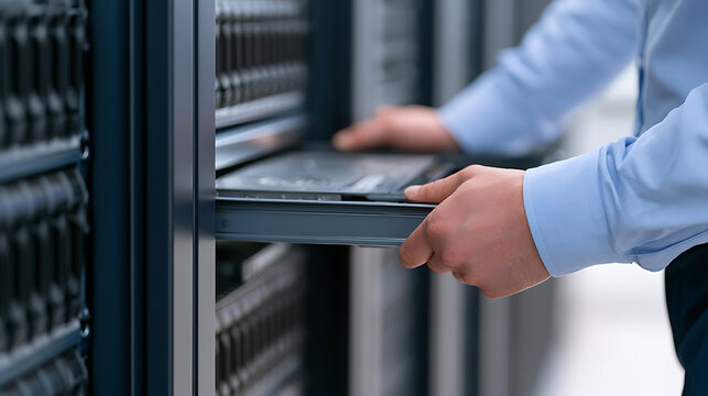 IT professional technician handle server hardware unit install maintenance modern data center rack technology system network infrastructure