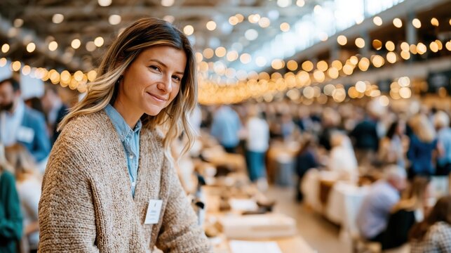 A smiling woman stands confidently at a lively networking event, surrounded by vibrant lighting and a bustling atmosphere, showcasing the importance of connection and collaboration.
