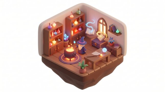 Isometric wizard study diorama with magic potions and cauldron in a fantasy room interior micro world