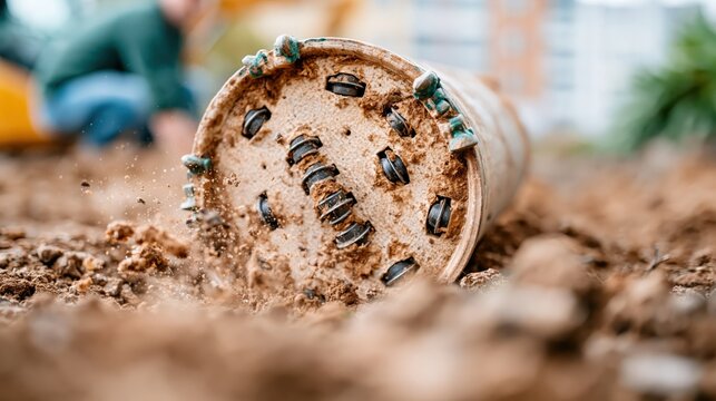 A close-up of a construction tool in soil emphasizes the important work of construction and excavation, illustrating progress, hard work, and the transformation of landscapes.