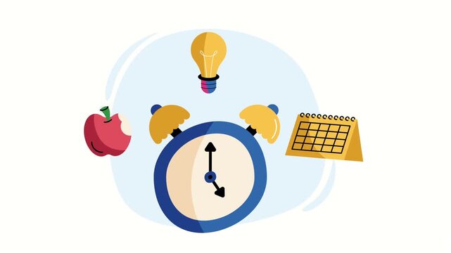 Dynamic motion graphic of an alarm clock with essential elements of daily life including an apple, lightbulb, and calendar.