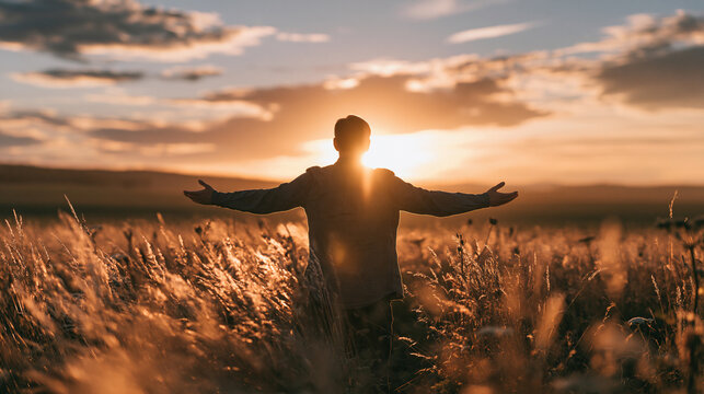 Mann mit ausgebreiteten Armen im Getreidefeld bei Sonnenuntergang, Silhouette, Symbol f&uuml;r Freiheit und Lebensfreude.