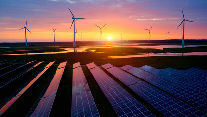 Sunset over a large scale solar and wind energy farm with water reflections solar panel technology © SpaceXstudio