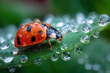 Obraz premium Ladybug on a Dewy Leaf Close Up