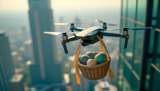 Modern drone flying over a blurred cityscape delivering a wicker basket filled with decorated Easter eggs, innovative logistics technology, high tech delivery services, and spring holiday marketing