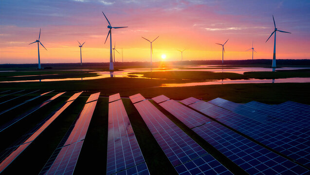 Sunset over a large scale solar and wind energy farm with water reflections solar panel technology