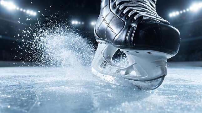 Dynamic Macro of Ice Hockey Skate Blade Carving Rink Ice with Flying Ice Spray
