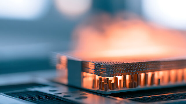 Close up of computer hardware processor heatsink with glowing heat pipes and cooling fins for advanced modern high performance electronics