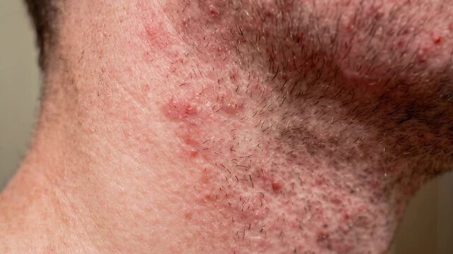 A person shows their skin condition in four frames taken in a bathroom. The images show changes in their skin over a period of time. The treatment progress is visible