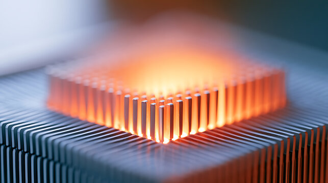 A high power computer processor glowing with intense thermal heat energy and modern metal cooling fins inside a high tech server hardware system