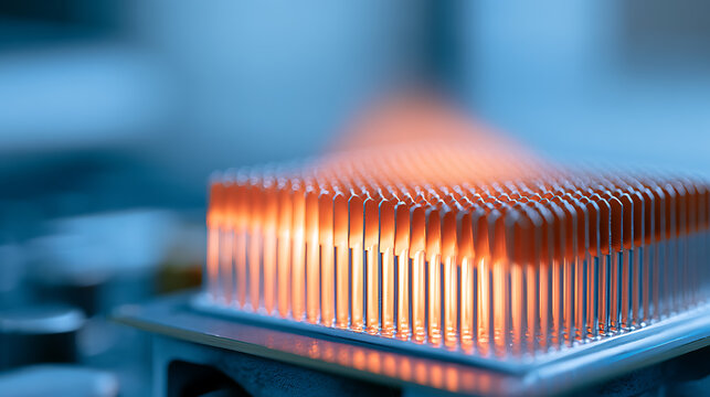 A close-up shot of an advanced computer processor pin grid array glowing with bright orange light against a cool blue laboratory background