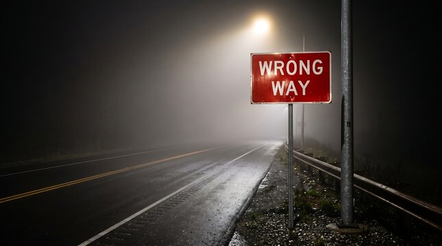 A red wrong way road sign illuminated by a street lamp on a foggy night.
